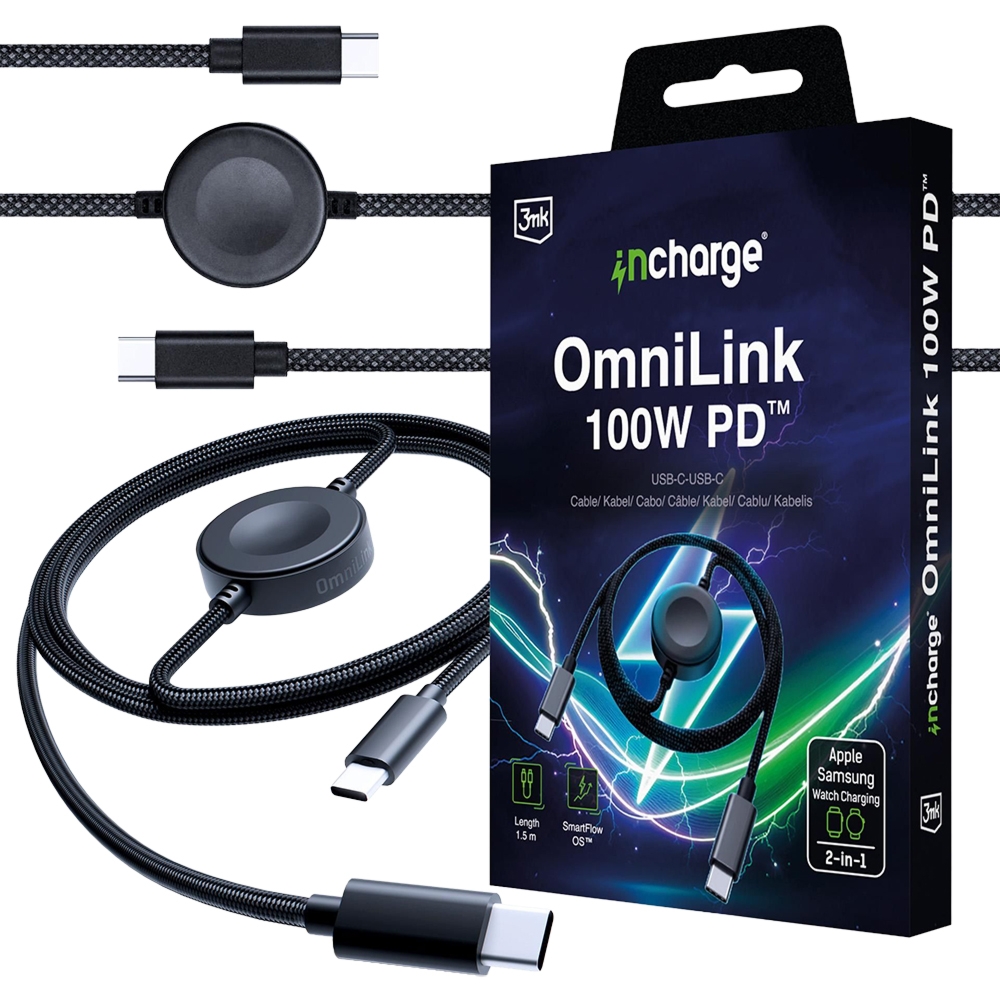 Kabel USB-C – USB-C z ładowarką do Apple Watch / Galaxy Watch, 100W, 3mk incharge OmniLink, Power Delivery, z oplotem, 1.5m, czarny