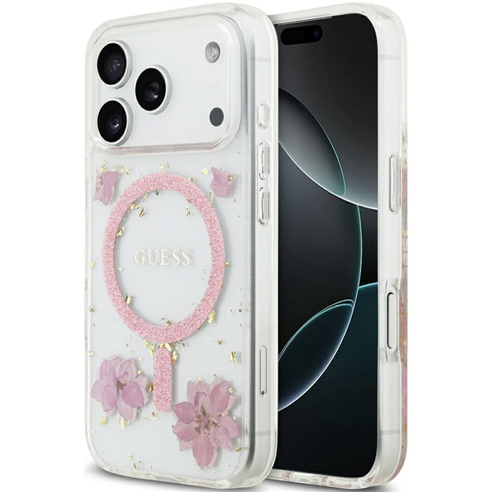 Etui Guess Resin Flowers Glitter MagSafe do iPhone 17 Pro, różowe z kwiecistym wzorem