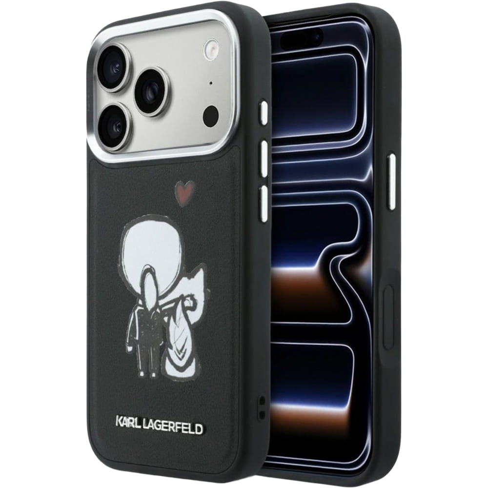 Etui Karl Lagerfeld Hardcase Leather do iPhone 17 Pro do MagSafe, czarne z wzorem projektanta i Choupette