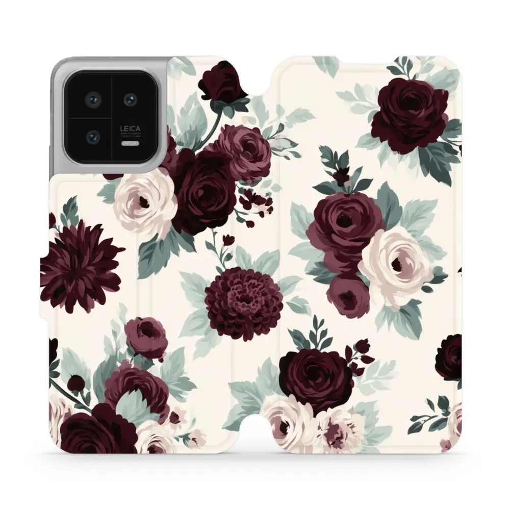 Etui z klapką do Xiaomi 13, Mobiwear Book, róże z szałwią na kremie