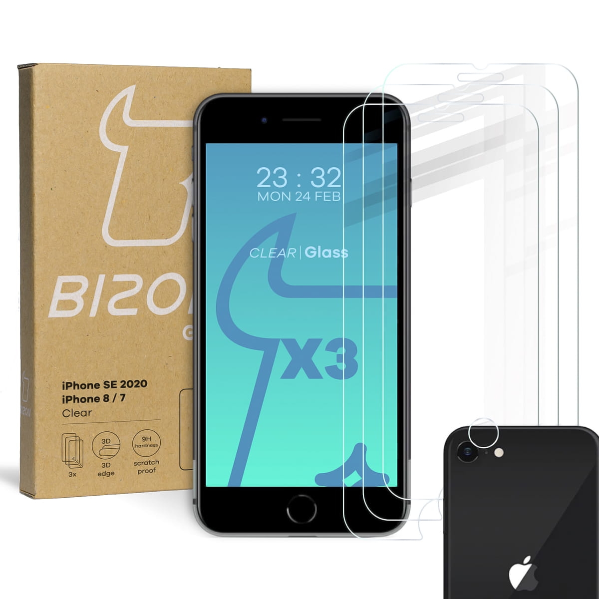 Image of 3x Szkło hartowane + szybka na aparat Bizon Glass Clear Pack, iPhone SE 2022/2020, 8/7