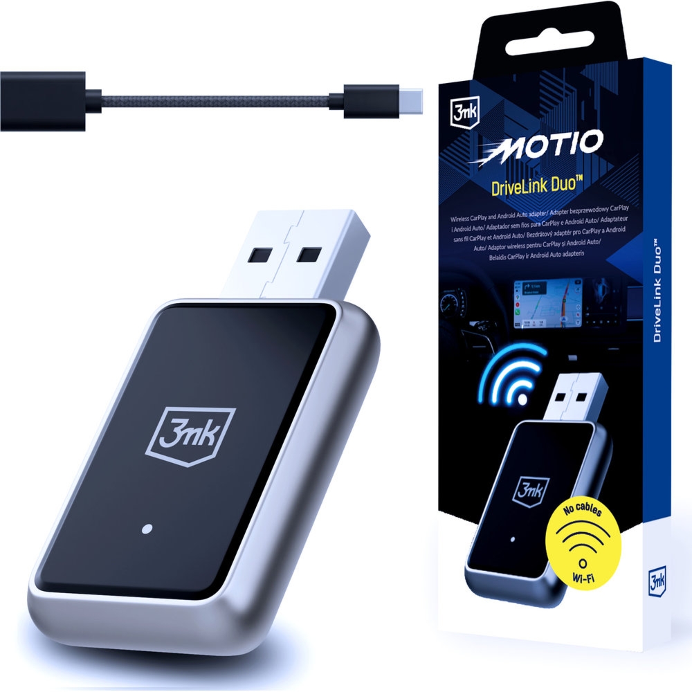 Adapter bezprzewodowy 3mk DriveLink Duo do CarPlay i Android Auto, Wi-Fi 6, Bluetooth 5.4, USB-A + przejściówka USB-C, czarno-szary