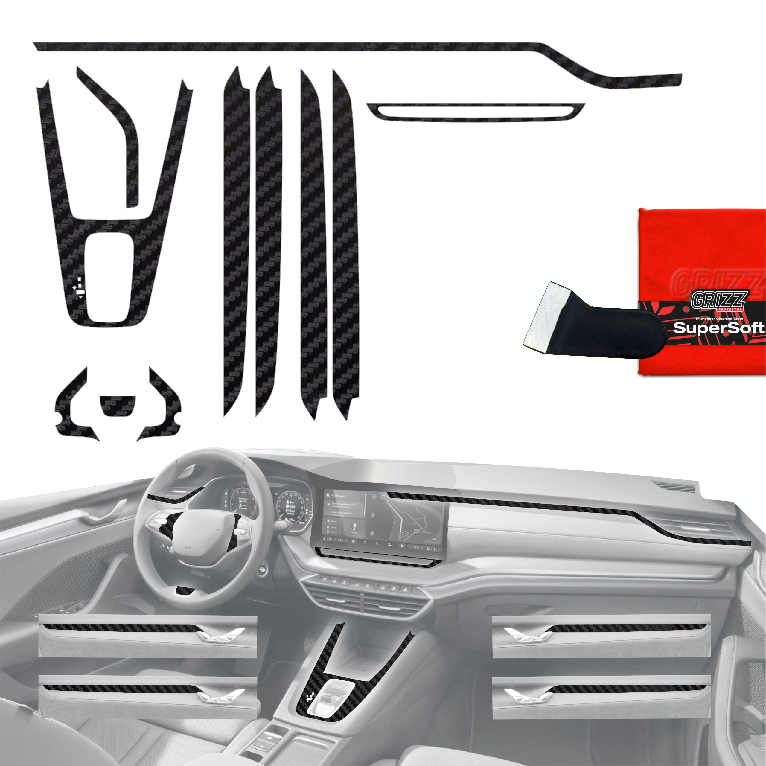 Folia do wnętrza Skoda Octavia 4 13″ Facelift (2024-2026) Grizz Protector 11w1 Karbonowa Antyodciskowa