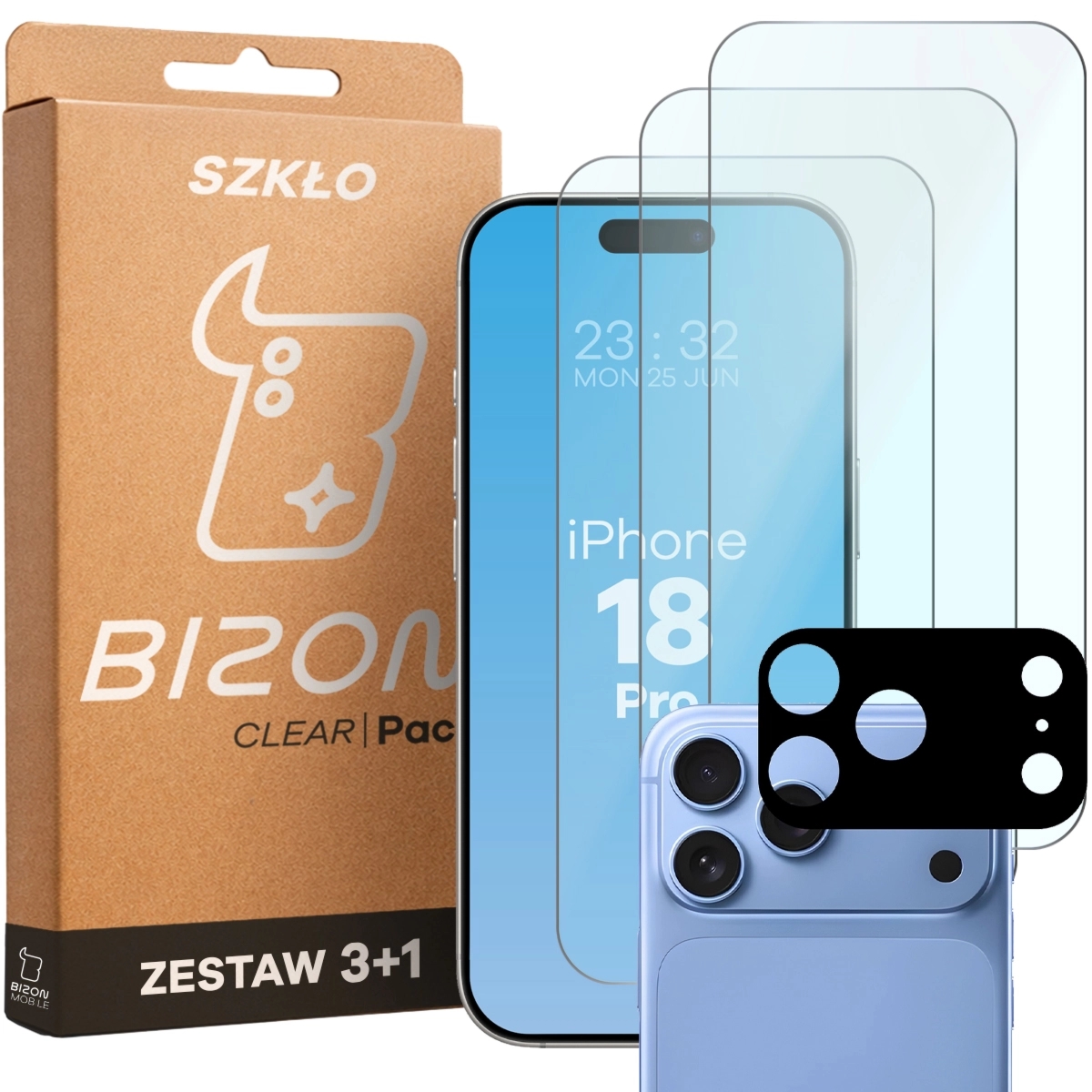 3x Szkło hartowane + szybka na aparat Bizon Glass Clear Pack do iPhone 18 Pro