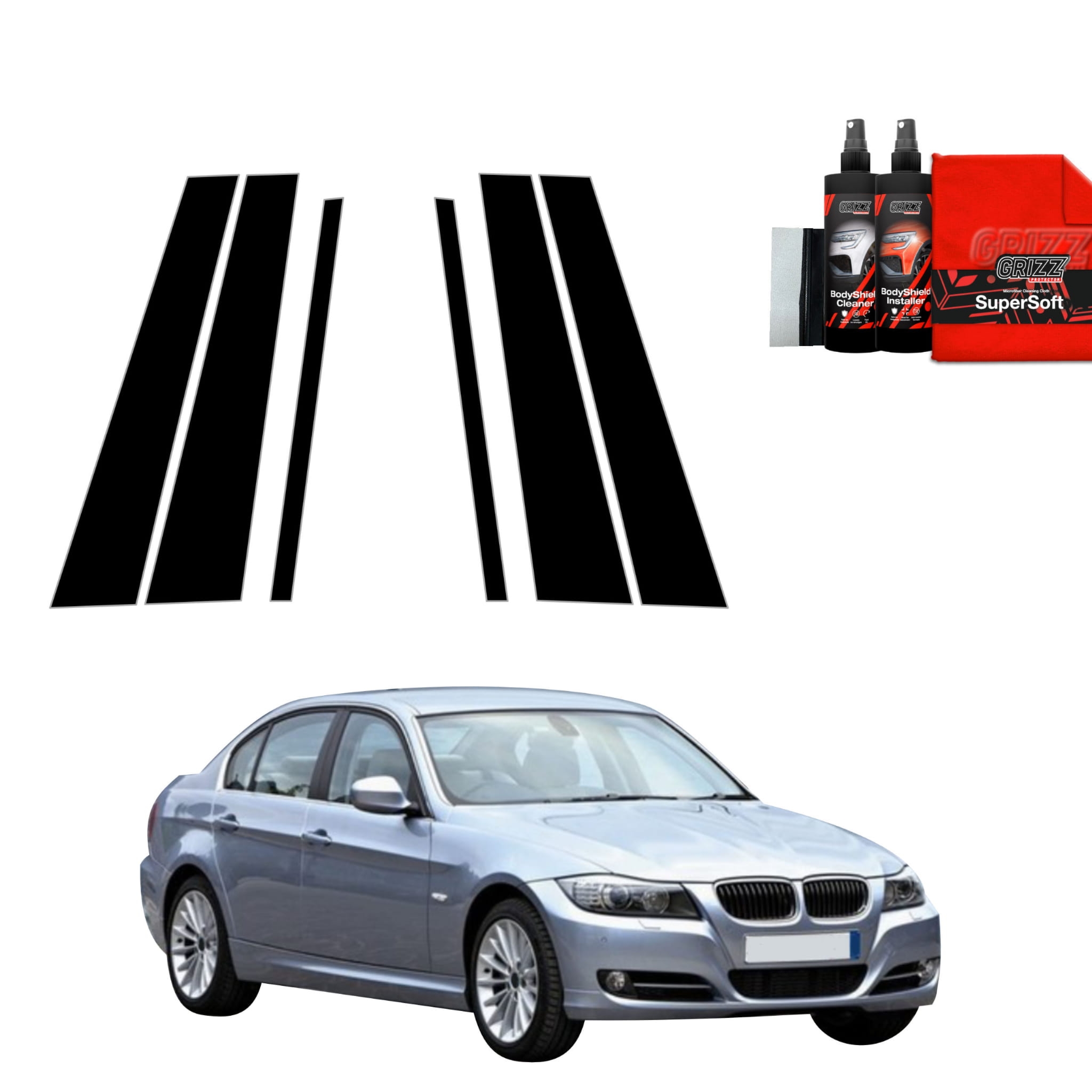 6w1 Czarna folia Grizz Protector na słupki do BMW 3 E90 Sedan Pre-LCI (2004-2008)