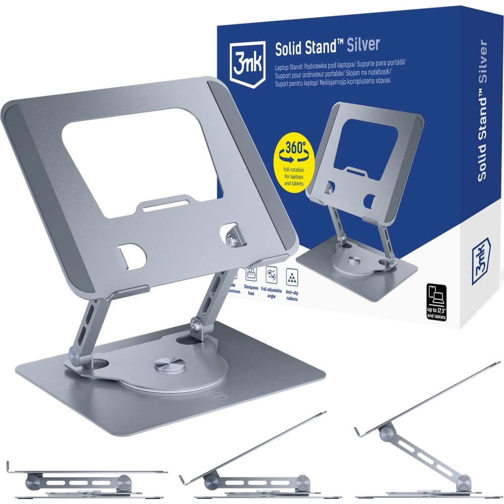Podstawka pod laptop i tablet do 17,3″, 3mk Solid Stand, obrót 360°, srebrna
