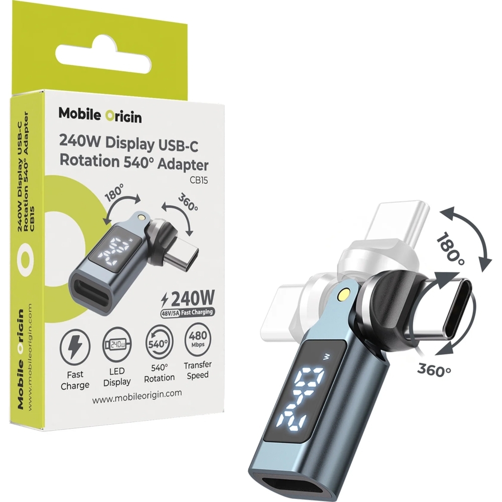 Obrotowy adapter 540° USB-C, 240W PD 3.1, Mobile Origin CB15 z wyświetlaczem, szary