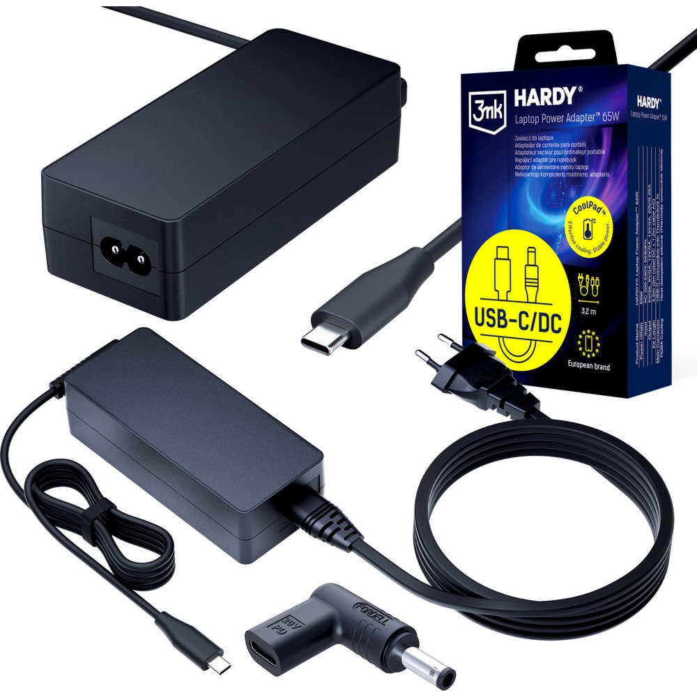 Zasilacz sieciowy 3mk do laptopa USB-C PD 65W, DC 4.5×3.0 mm (Dell blue) do Dell, 3,2 m, czarny