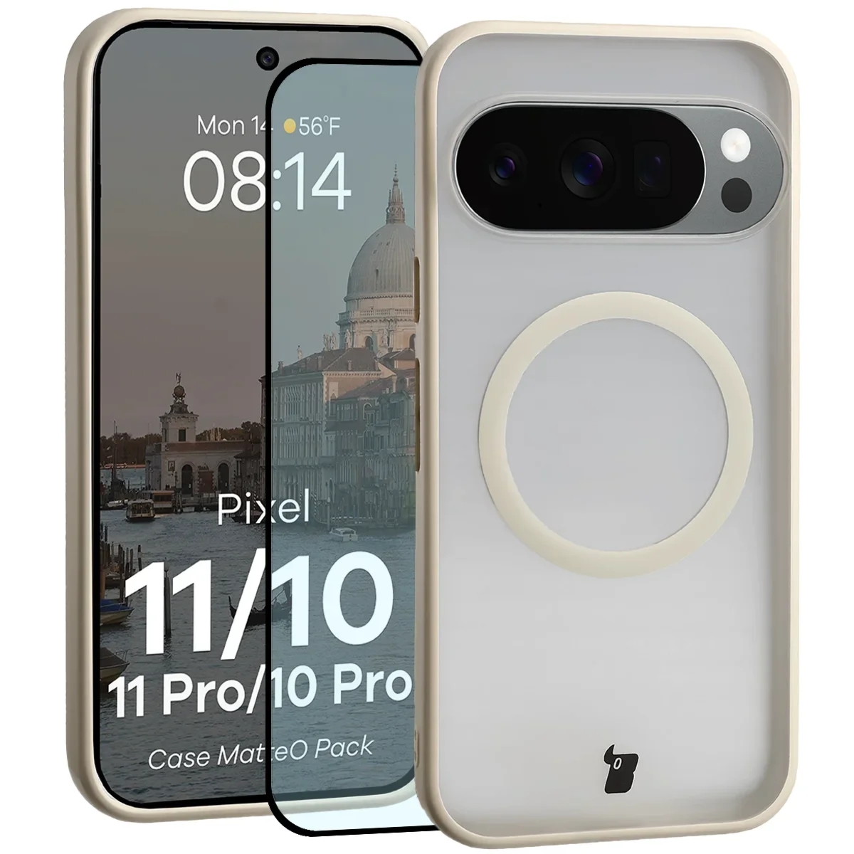 Etui z pierścieniem magnetycznym + szkło hartowane Bizon MatteO Pack do Google Pixel 11 / 11 Pro / 10 / 10 Pro, przydymione-beżowe