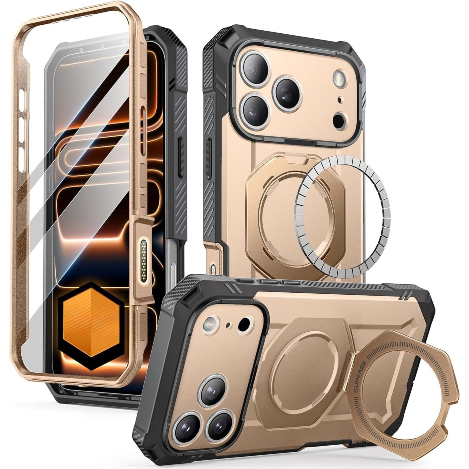 Etui pancerne + szkło 9H Supcase UB Grip Pro Mag SPG (CC) do MagSafe do iPhone 17 Pro, szaro-złote