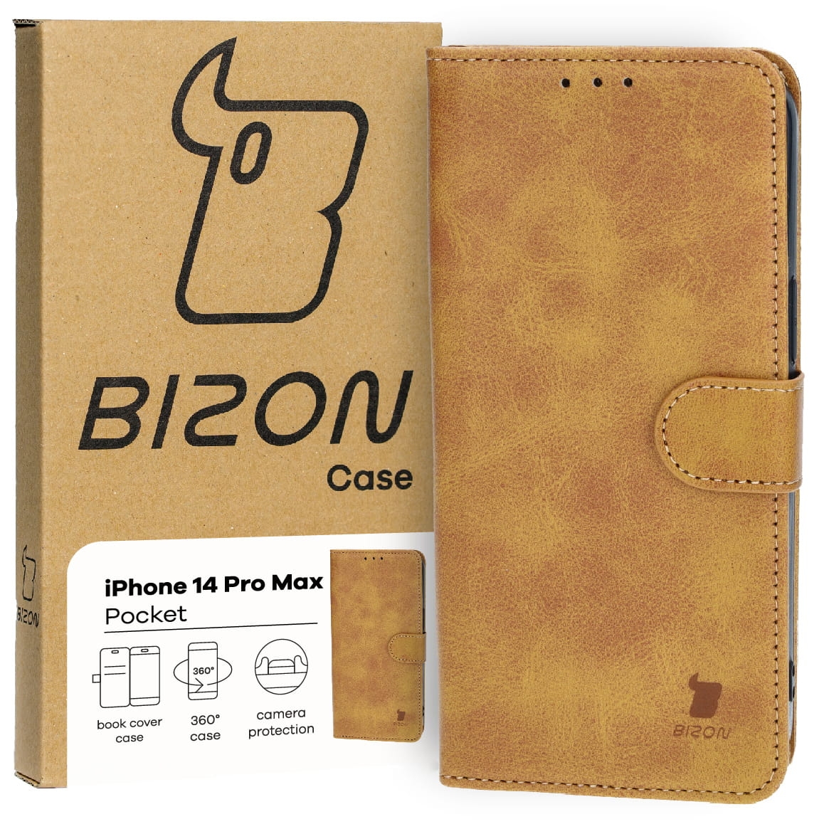 Image of Etui z klapką Bizon Case Pocket do iPhone 14 Pro Max, brązowe
