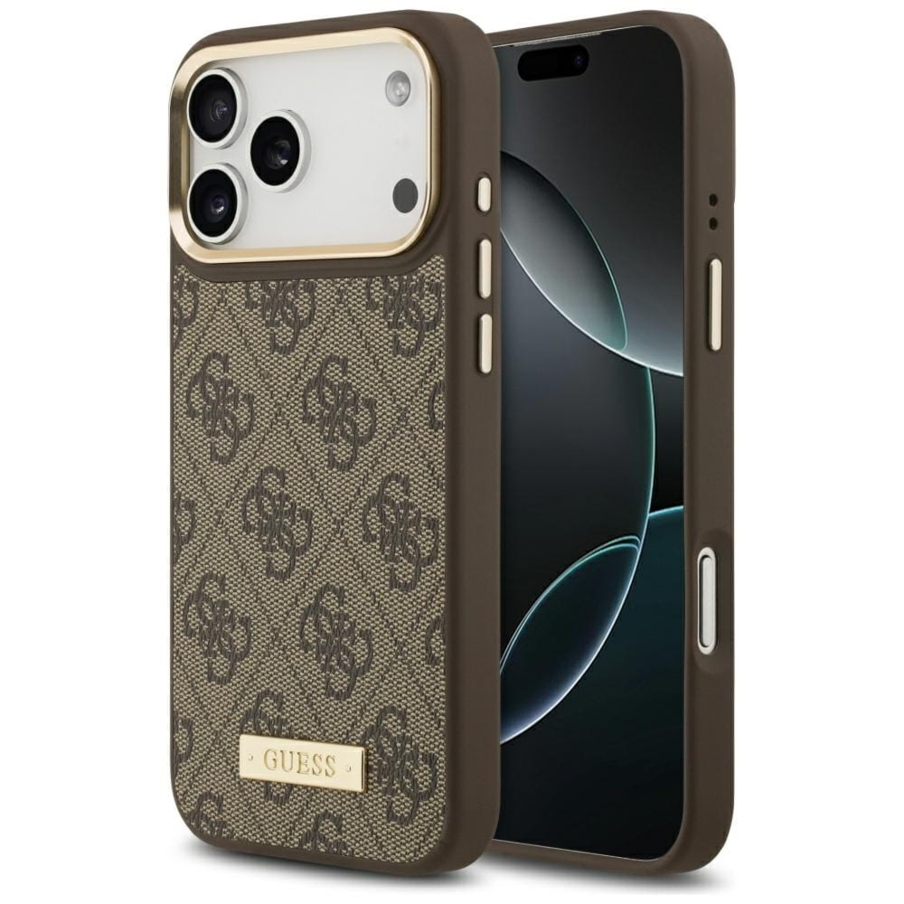 Etui Guess 4G Logo Plate do MagSafe do iPhone 17 Pro Max, brązowe