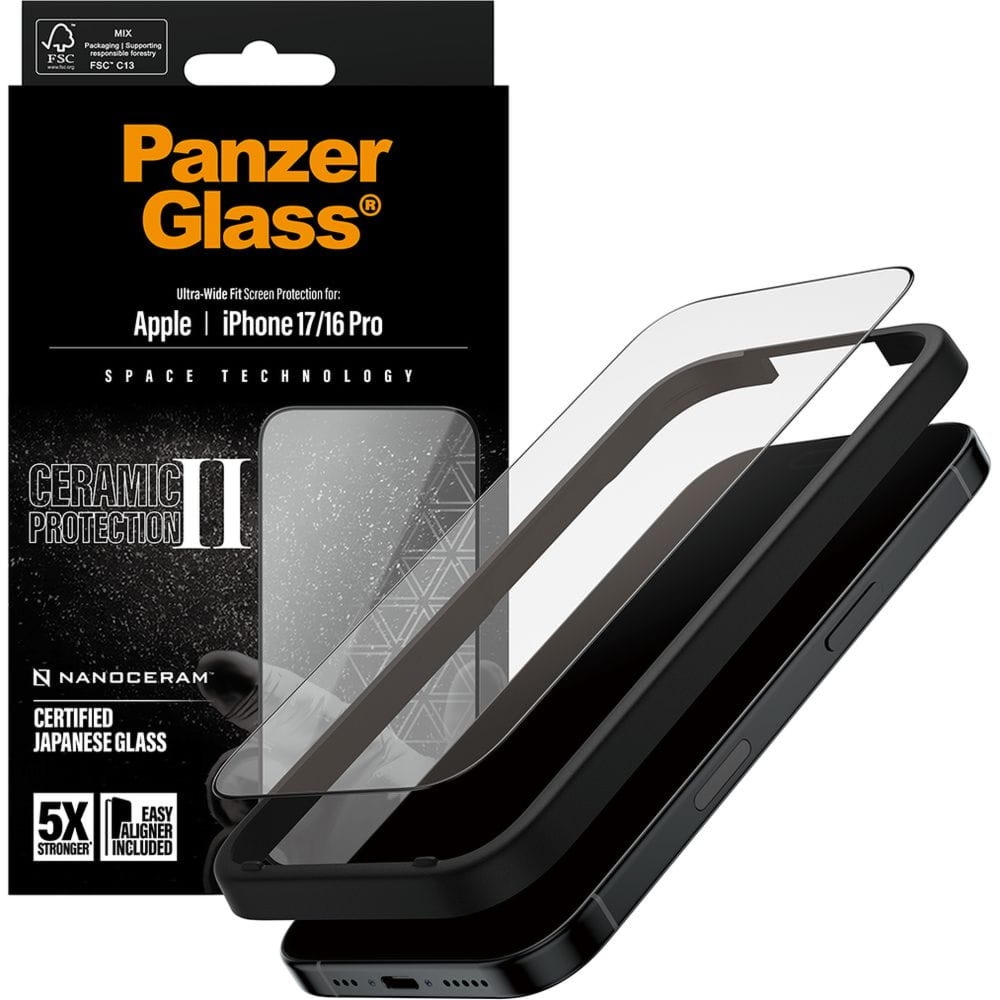 Szkło hartowane z aplikatorem PanzerGlass Ceramic Ultra-Wide Fit + Easy Aligner do iPhone 17 / 16 Pro