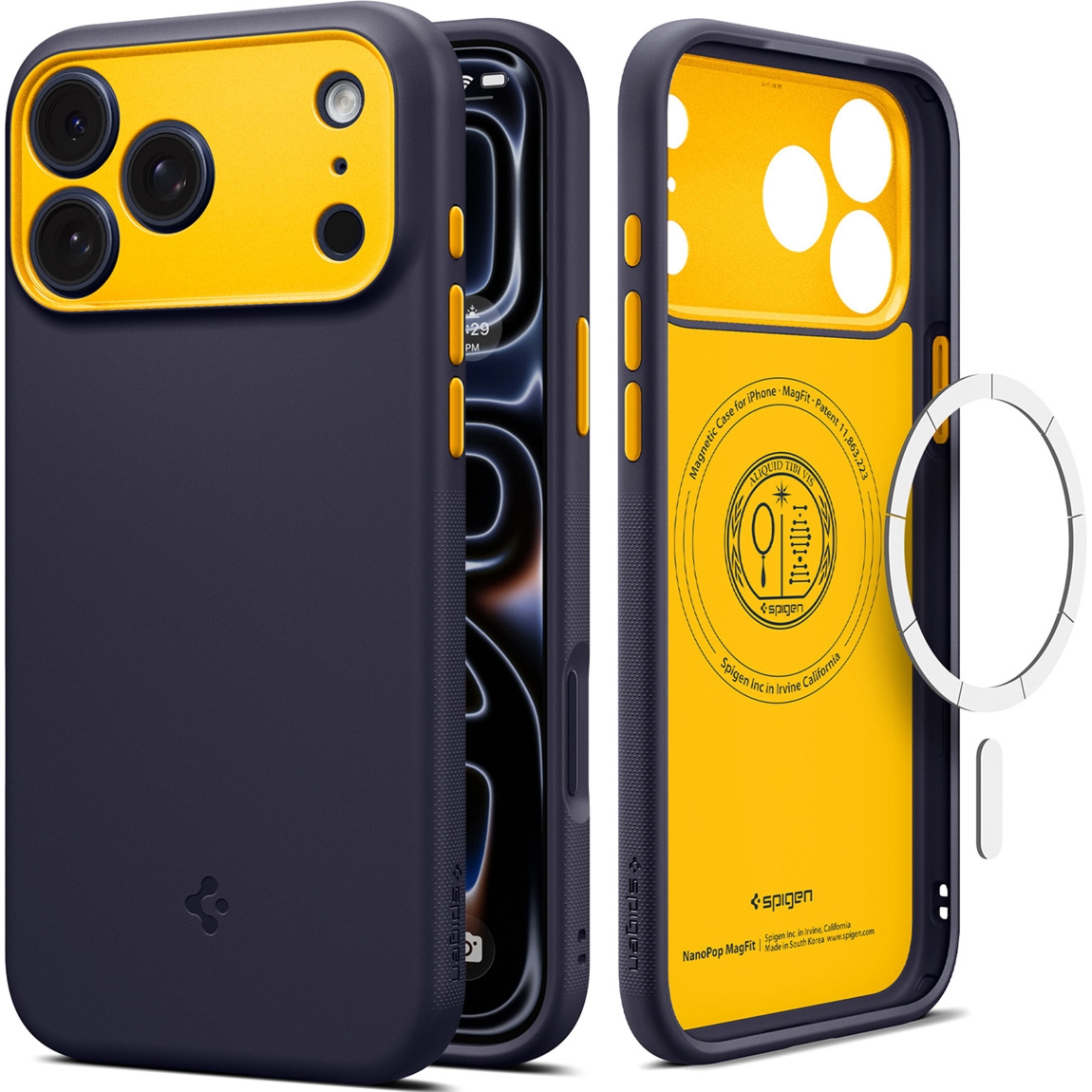 Etui Spigen Nano Pop Mag do MagSafe do iPhone 18 Pro, granatowo-żółte