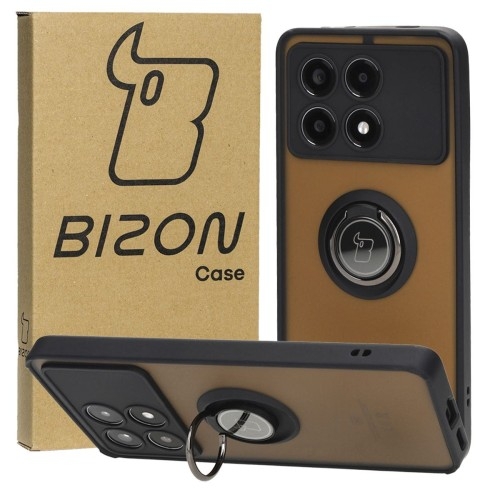 Image of Etui z uchwytem na palec Bizon Case Hybrid Ring do Xiaomi Poco X6 Pro, przydymione z czarną ramką