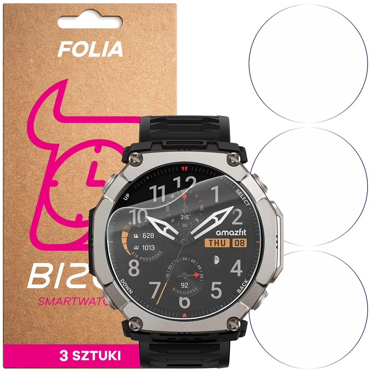 Folia ochronna na ekran zegarka Bizon Watch Film HydroFlex do Amazfit T-Rex Ultra 2, 3 sztuki