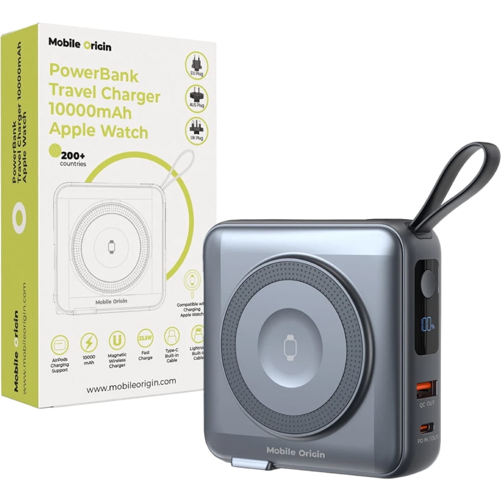 Powerbank indukcyjny, podróżny z adapterami UK / EU / AUS do MagSafe, Mobile Origin, 10000mAh USB-C PD USB-A 22.5W, szary