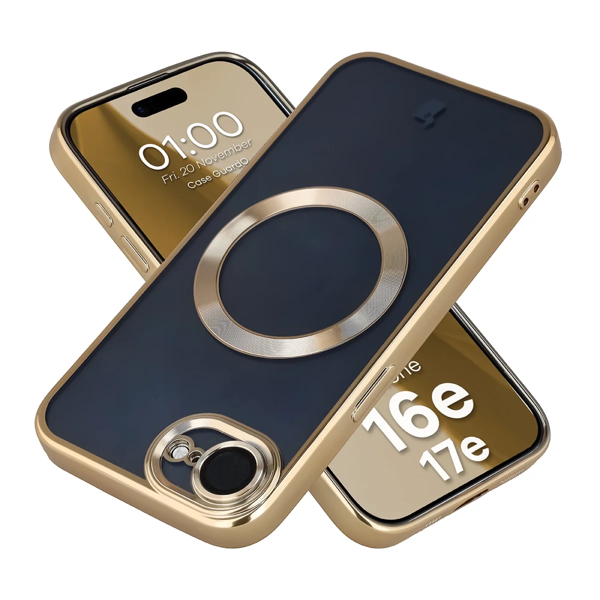 Etui z ochroną aparatu i pierścieniem magnetycznym Bizon Case GuardO do iPhone 17e / 16e, przezroczysto-złote