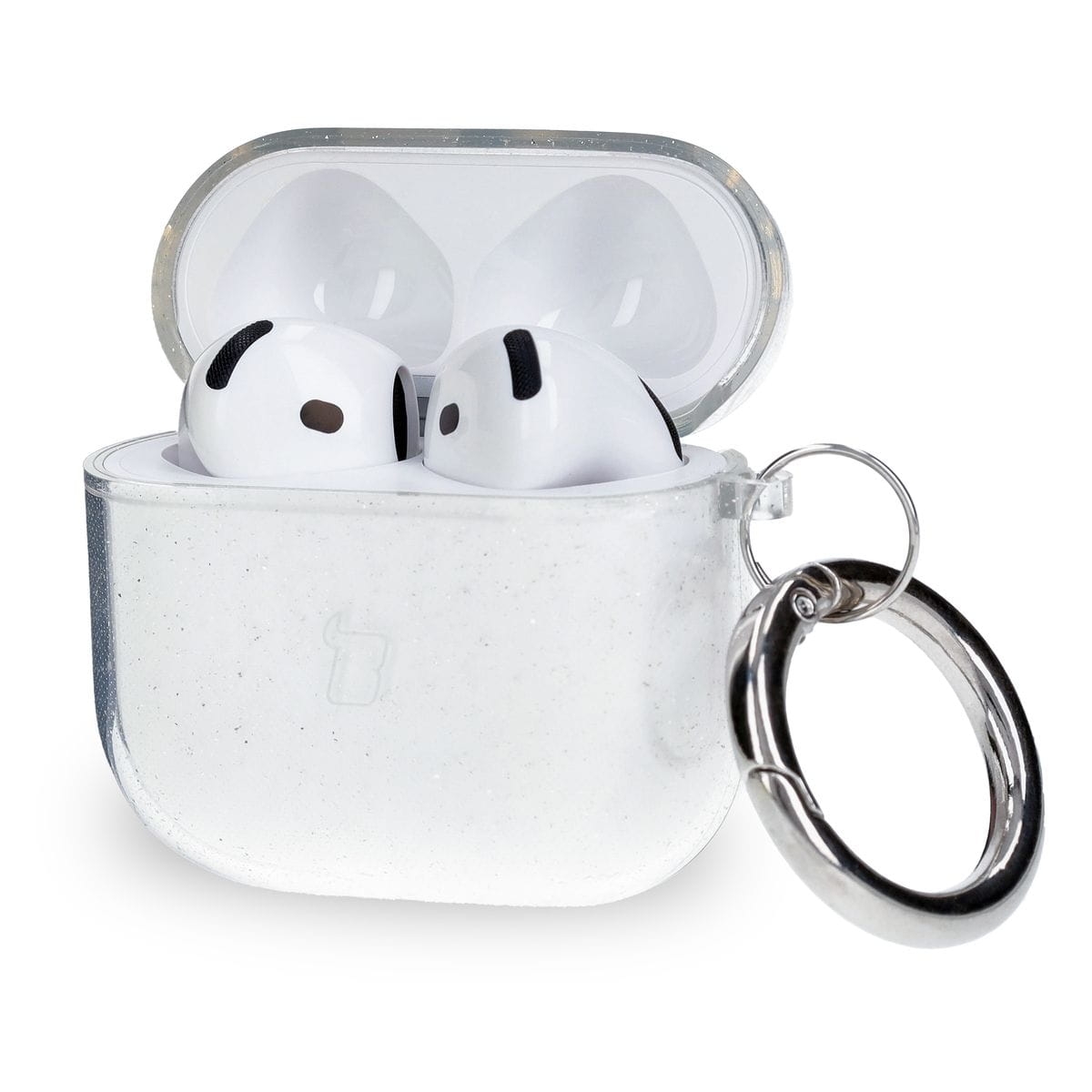 Image of Elastyczne etui z karabińczykiem Bizon Case Headphone Clear do AirPods 4, przeźroczysto-brokatowe