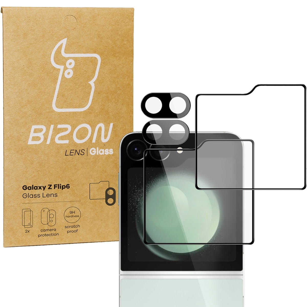 Szkło na aparat + szkło na ekran zewnętrzny Bizon Glass Silk Lens do Galaxy Z Flip6, 2 zestawy