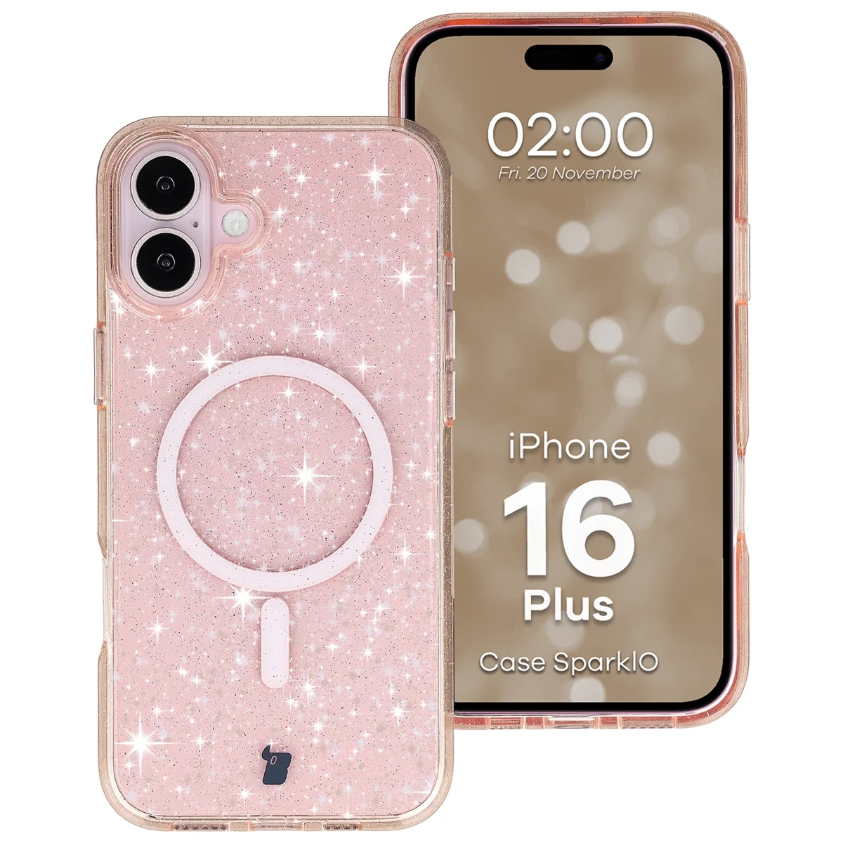 Etui brokatowe z pierścieniem magnetycznym Bizon Case SparklO do iPhone 16 Plus, przezroczysto-jasnopomarańczowe z brokatem