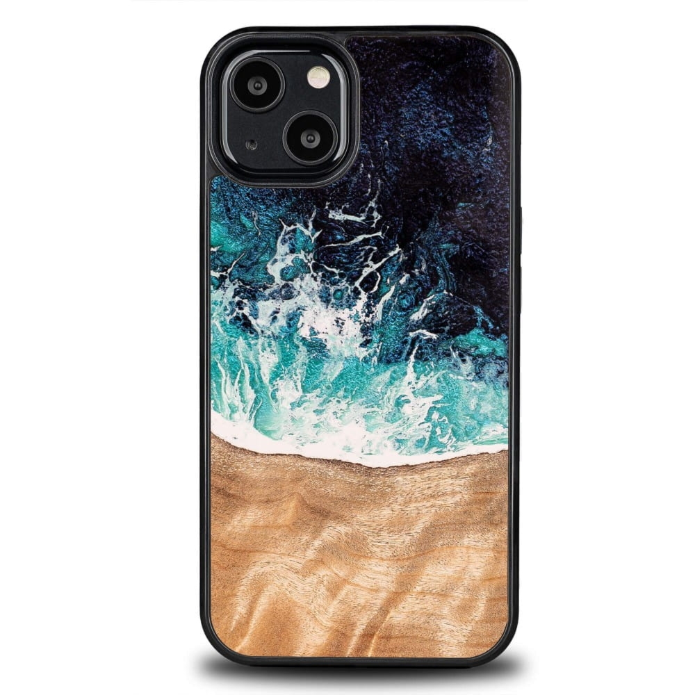 Drewniane etui do iPhone 13, Bewood Unique Dream Island, niebiesko-brązowe