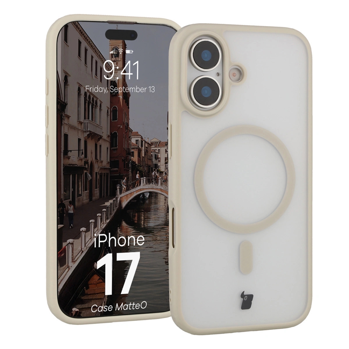 Etui z pierścieniem magnetycznym Bizon Case MatteO do iPhone 17, przydymione-beżowe