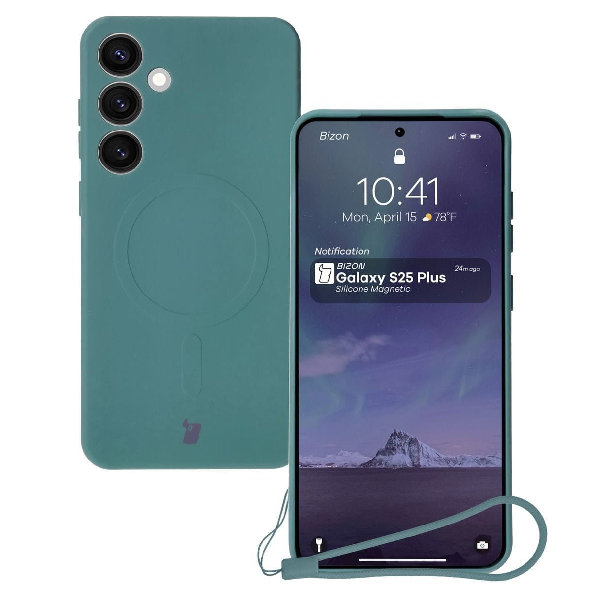 Image of Silikonowe etui z pierścieniem magnetycznym Bizon Case Silicone Magnetic do Galaxy S25 Plus / S24 Plus, ciemnozielone