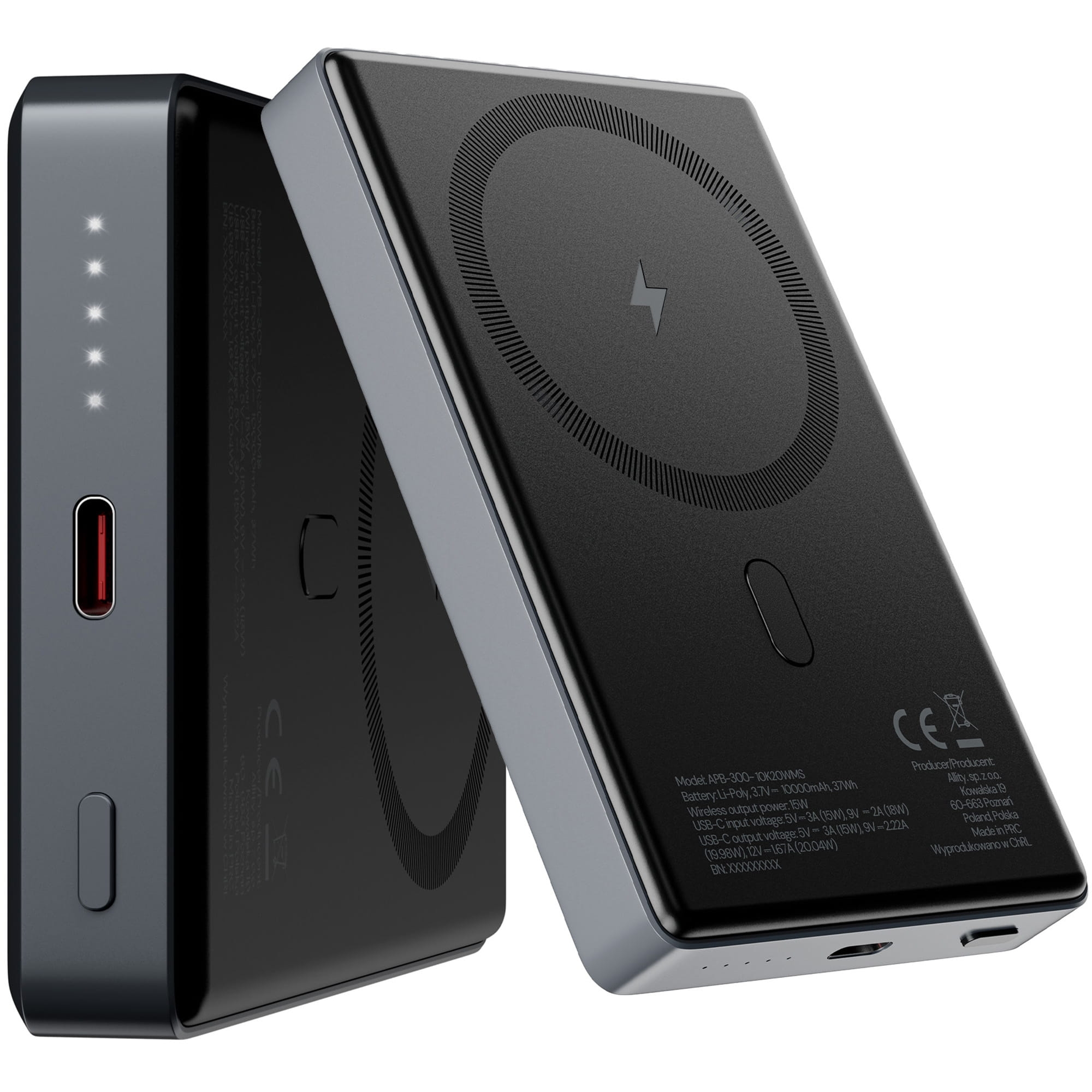 Image of Powerbank bezprzewodowy Allity APB-300 20W 10000 mAh 1x USB-C PD QC + MagSafe / Qi, szary