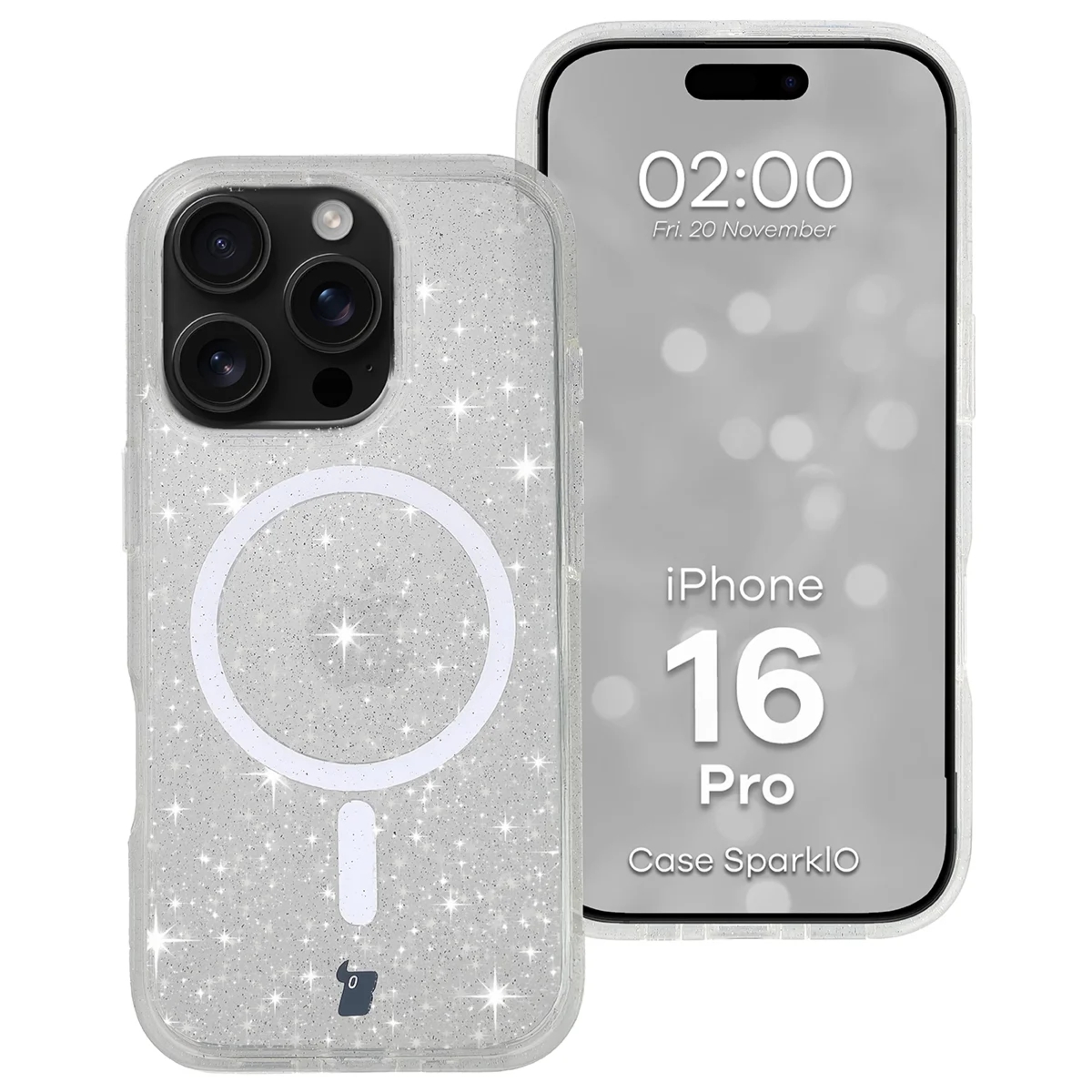 Etui brokatowe z pierścieniem magnetycznym Bizon Case SparklO do iPhone 16 Pro, przezroczyste z brokatem