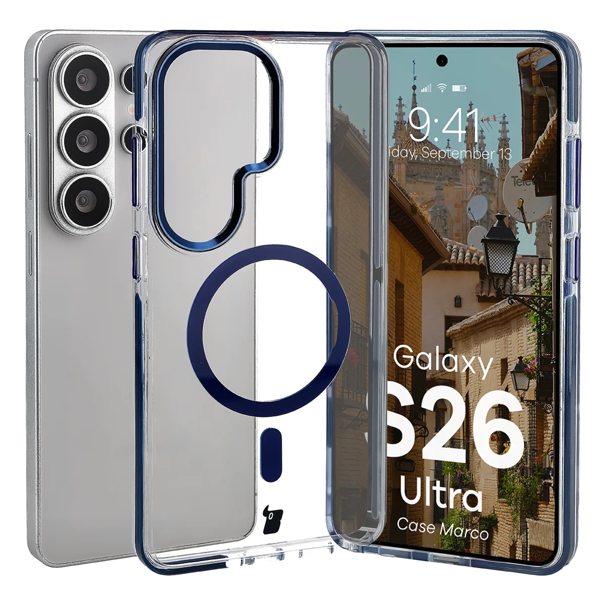 Etui z pierścieniem magnetycznym Bizon Case Marco do Galaxy S26 Ultra, przezroczyste z niebieską ramką