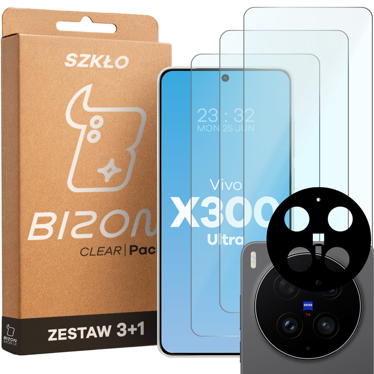 3x Szkło hartowane + szybka na aparat Bizon Glass Clear Pack do Vivo X300 Ultra
