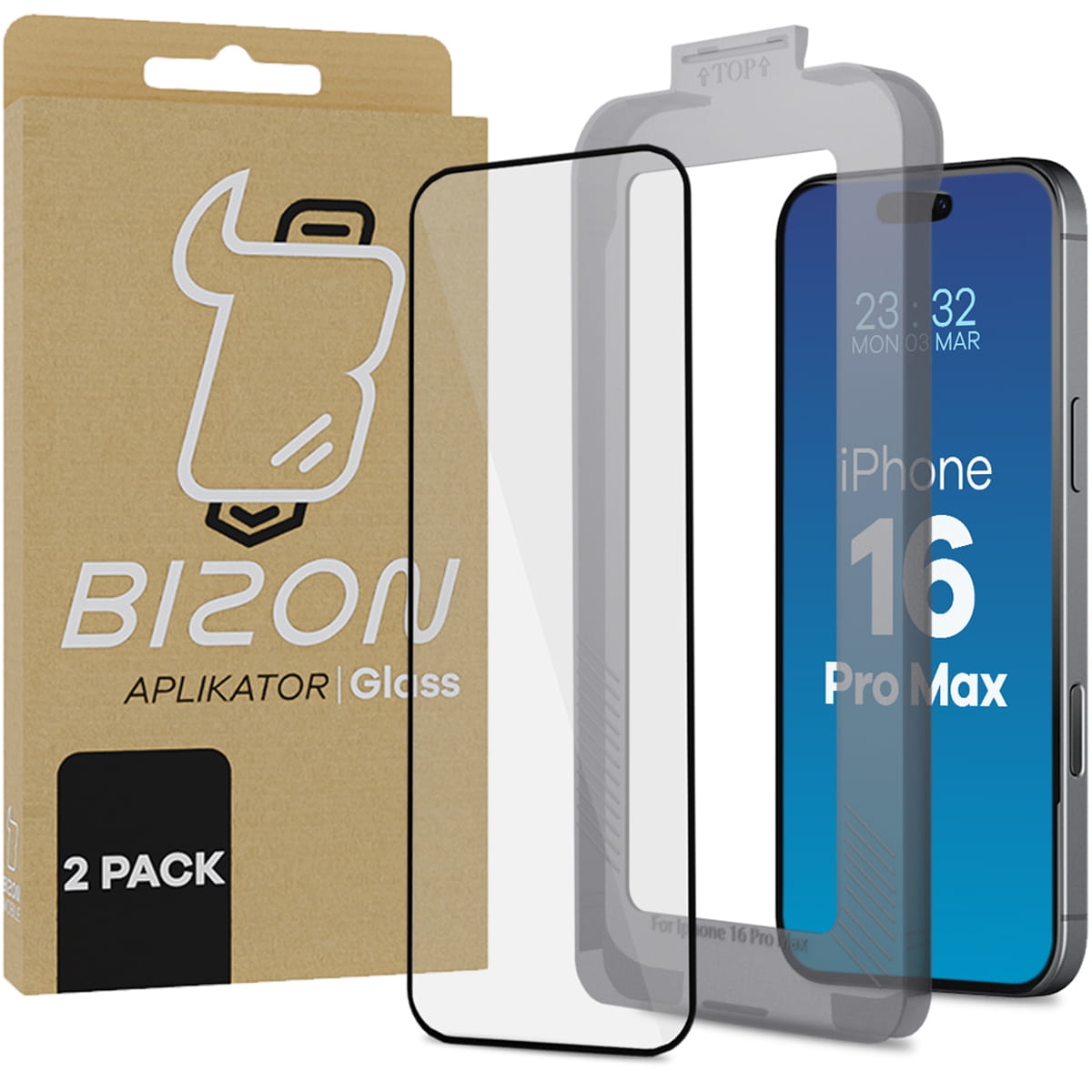 Image of Szkło hartowane z ramką do łatwej aplikacji Bizon Glass Aplikator do iPhone 16 Pro Max, 2 sztuki