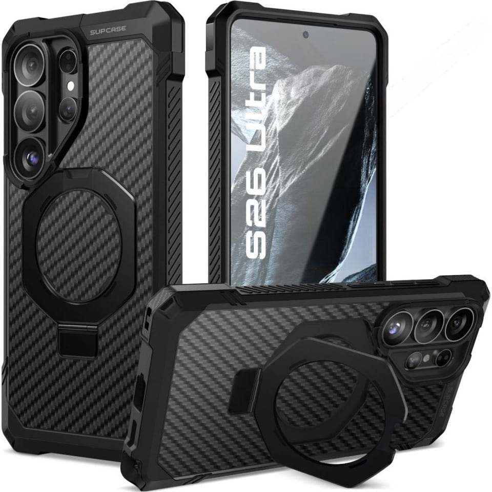 Etui pancerne Supcase UB Grip Mag Aramid do MagSafe do Galaxy S26 Ultra, czarne z włóknem węglowym