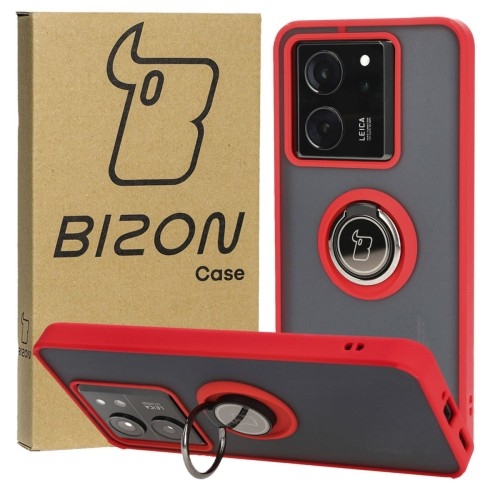 Image of Etui z uchwytem na palec Bizon Case Hybrid Ring do Xiaomi 13T Pro / 13T, przydymione z czerwoną ramką