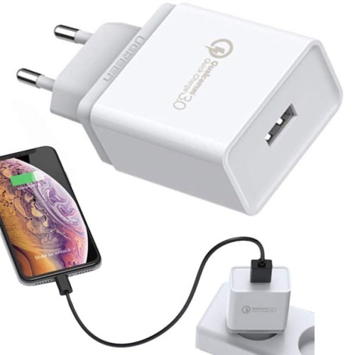 Image of Szybka ładowarka sieciowa do telefonu Ugreen 1x USB-A, Fast Charger QC 3.0, 18W, 3A, biała