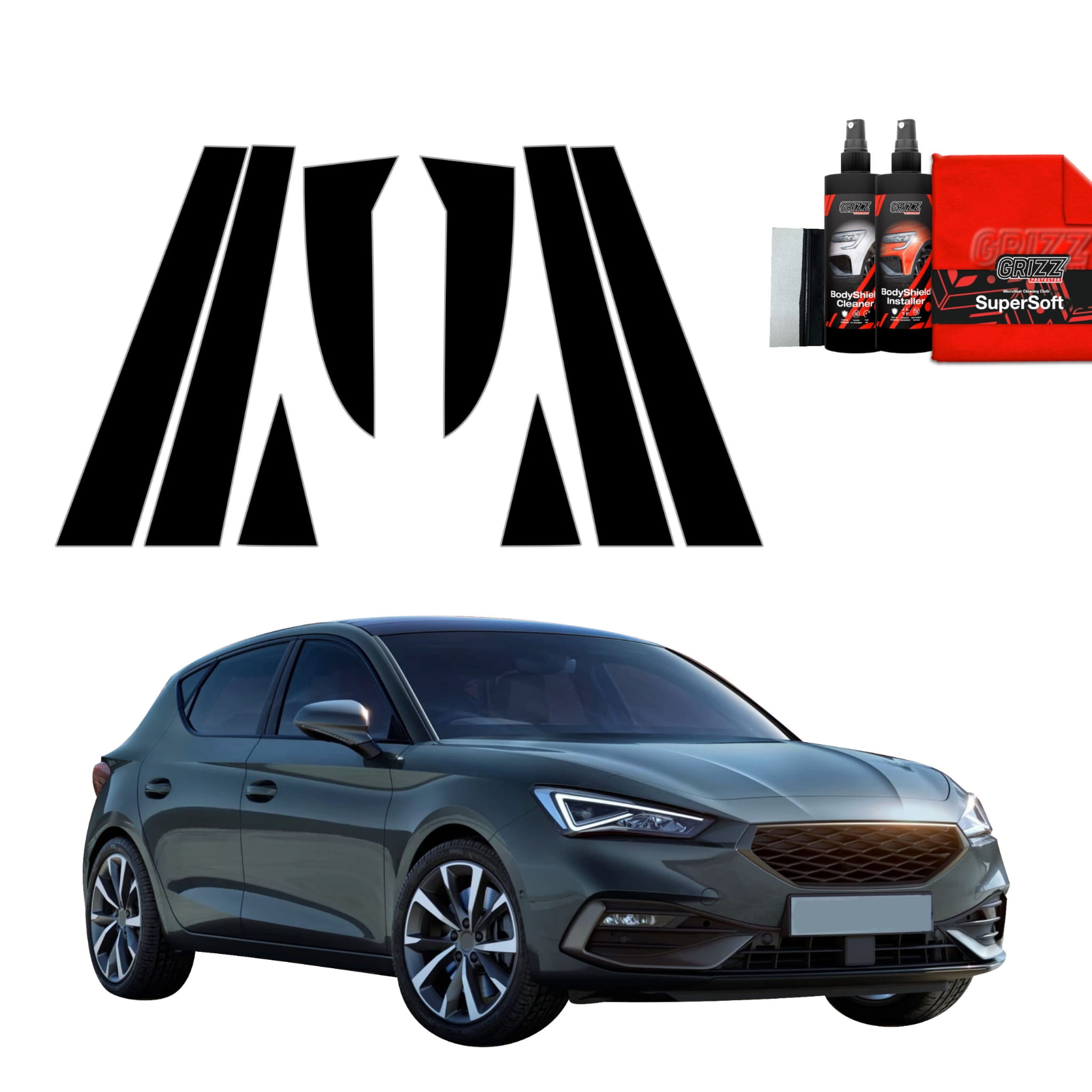 8w1 Czarna folia Grizz Protector na słupki do Seat Leon (2024-2026)