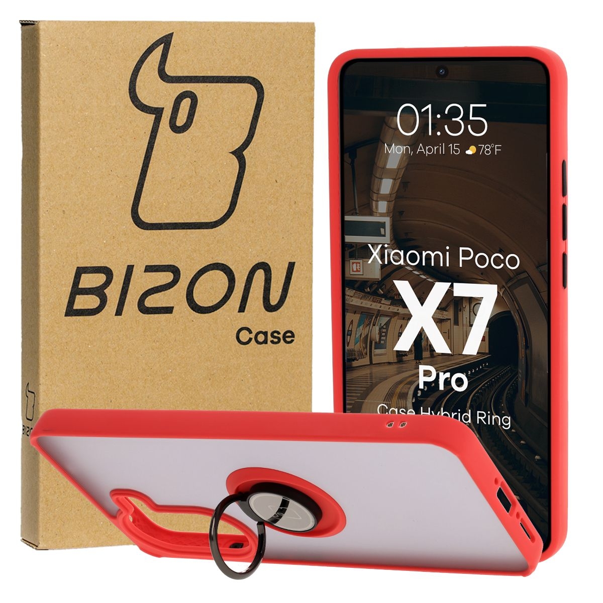 Image of Etui z uchwytem na palec Bizon Case Hybrid Ring do Xiaomi Poco X7 Pro, przydymione z czerwoną ramką