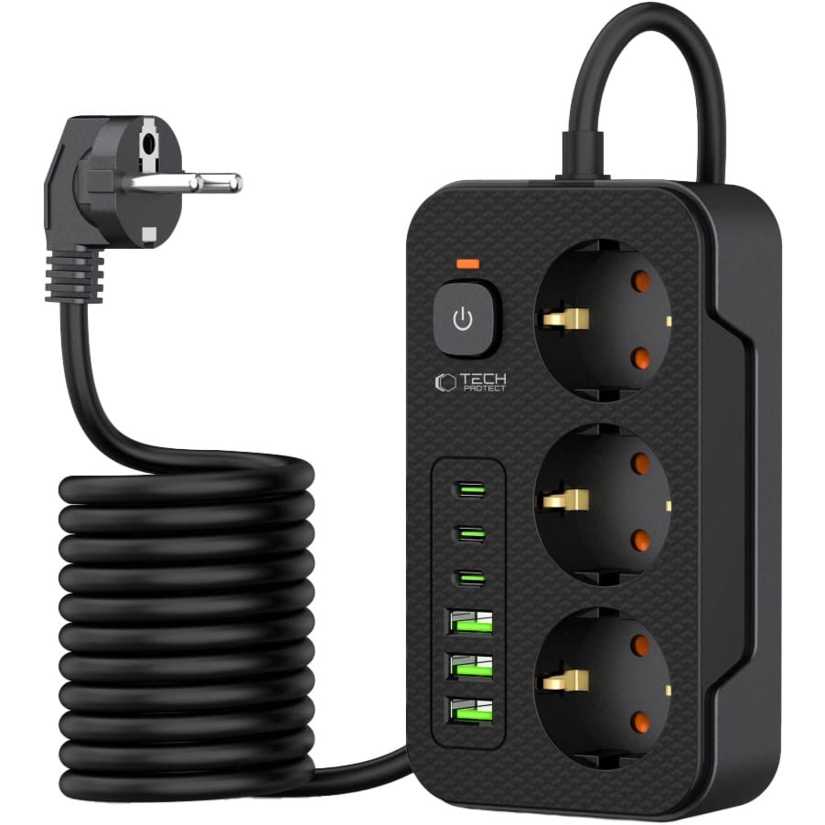 Listwa zasilająca/ przedłużacz Tech-Protect PC3x6, 3x gniazdo sieciowe Schuko, 3x USB-C, 3x USB-A, wraz z kablem 1.85m, czarna