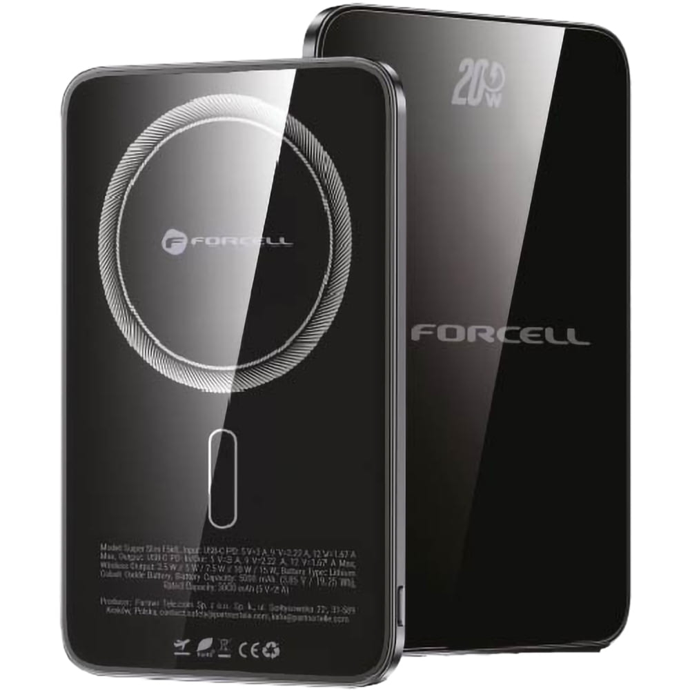 Cienki powerbank indukcyjny 5000mAh do MagSafe, 20.5W Qi2, Forcell SuperSlim F5K8, kabel USB-C w zestawie, czarny