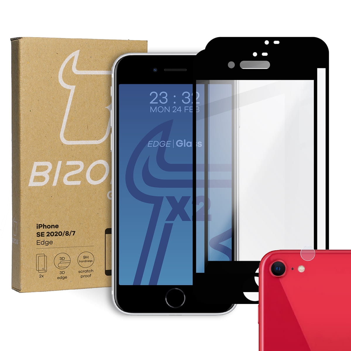 Image of 2x Szkło + szybka na aparat Bizon Edge Pack, iPhone SE 2022/2020, 8/7, czarne