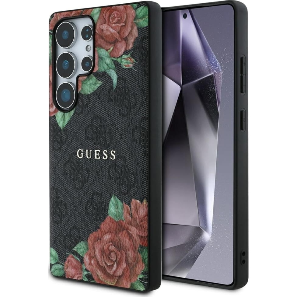 OUTLET: Etui Guess Hardcase 4G Leather Flowers Print Metal Logo MagSafe do Galaxy S25 Ultra, czarne