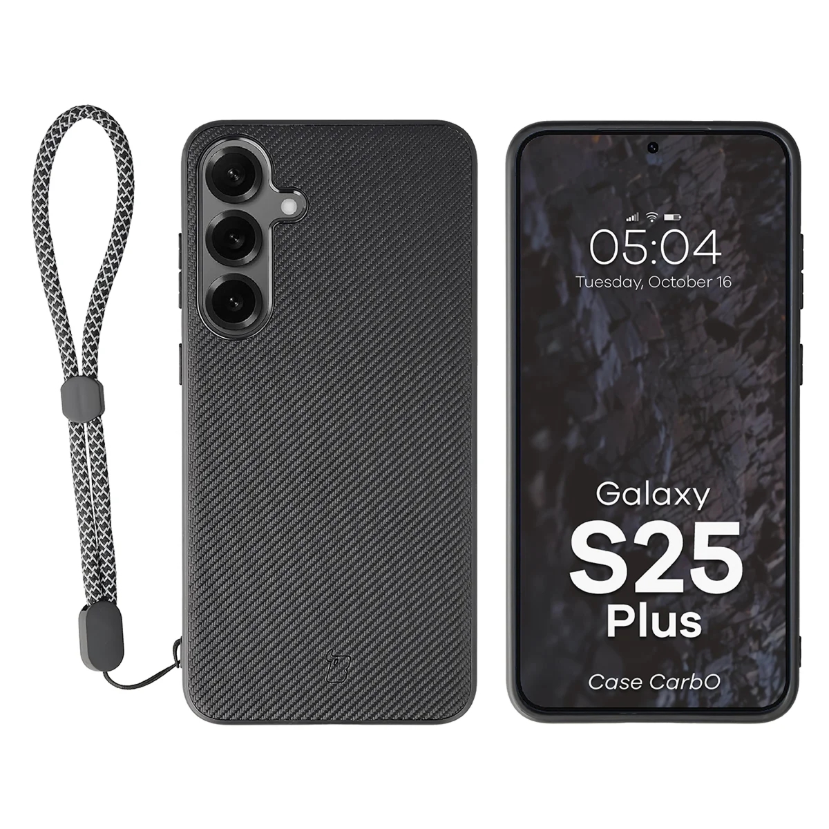 Etui ze smyczką na nadgarstek i pierścieniem magnetycznym Bizon Case CarbO do Galaxy S25 Plus, czarne