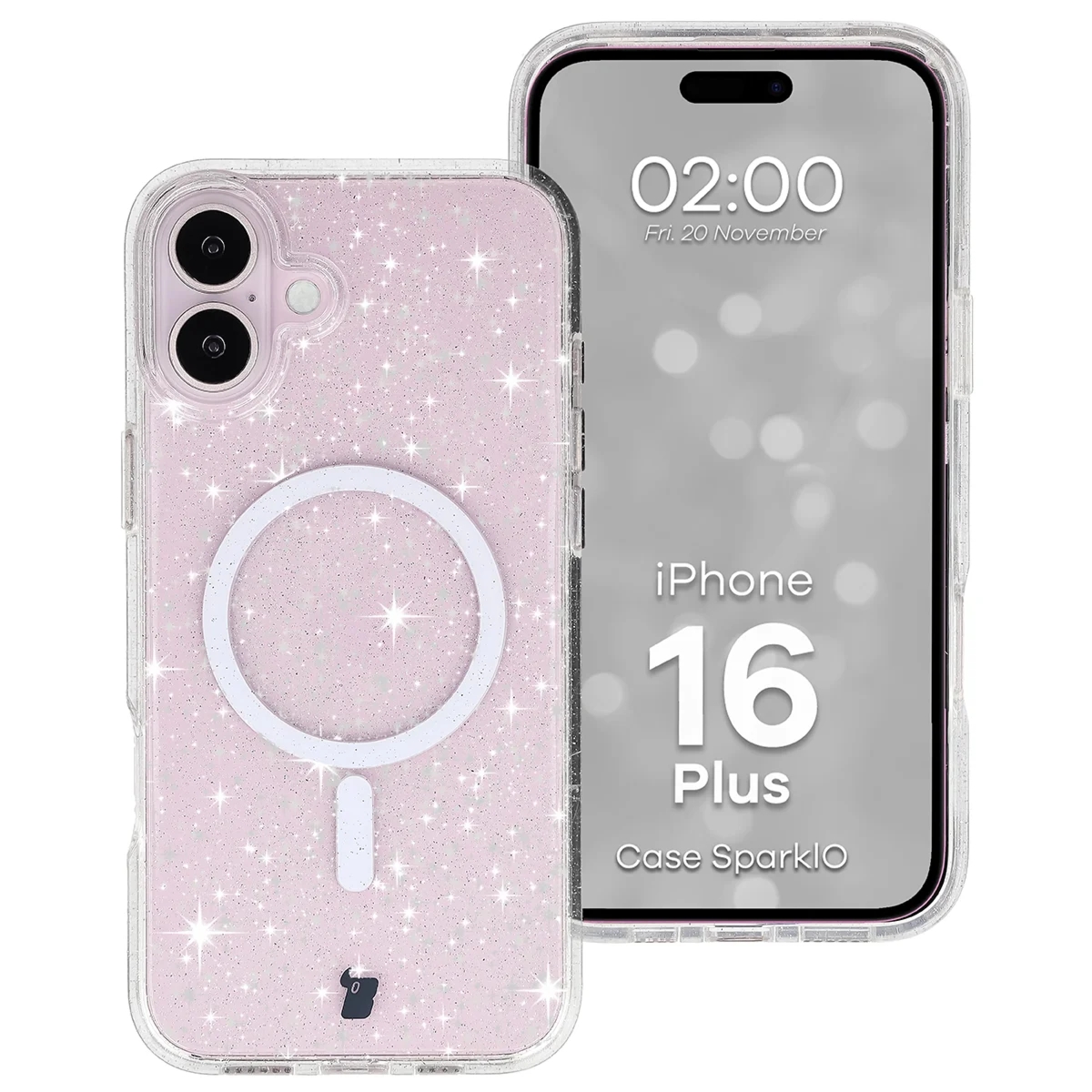 Etui brokatowe z pierścieniem magnetycznym Bizon Case SparklO do iPhone 16 Plus, przezroczyste z brokatem