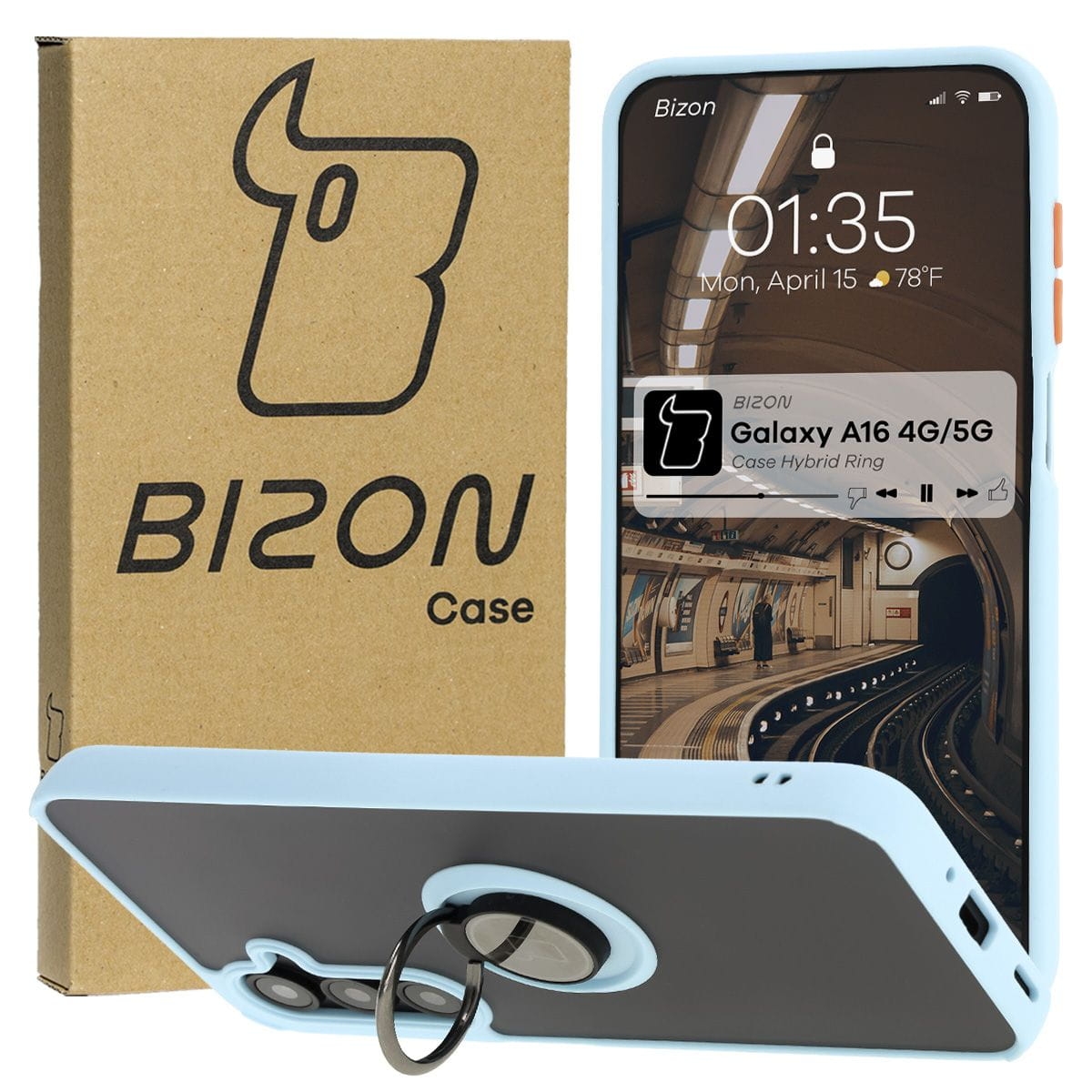 Image of Etui z uchwytem na palec Bizon Case Hybrid Ring do Galaxy A16 4G/5G, przydymione z jasnoniebieską ramką