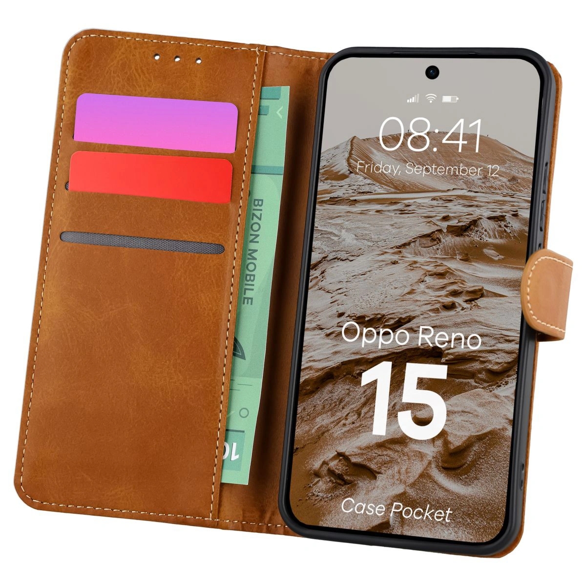 Etui z klapką Bizon Case Pocket do Oppo Reno 15, brązowe