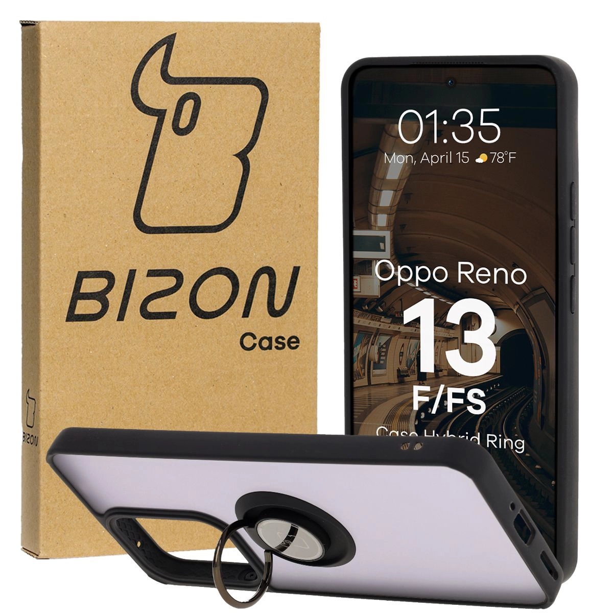 Image of Etui z uchwytem na palec Bizon Case Hybrid Ring do Oppo Reno13 F / FS, przydymione z czarną ramką