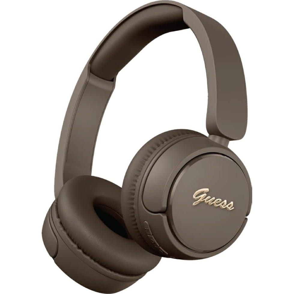 OUTLET: Bezprzewodowe słuchawki nauszne Guess Metal Logo Script Logo Bluetooth 5.3, brązowe