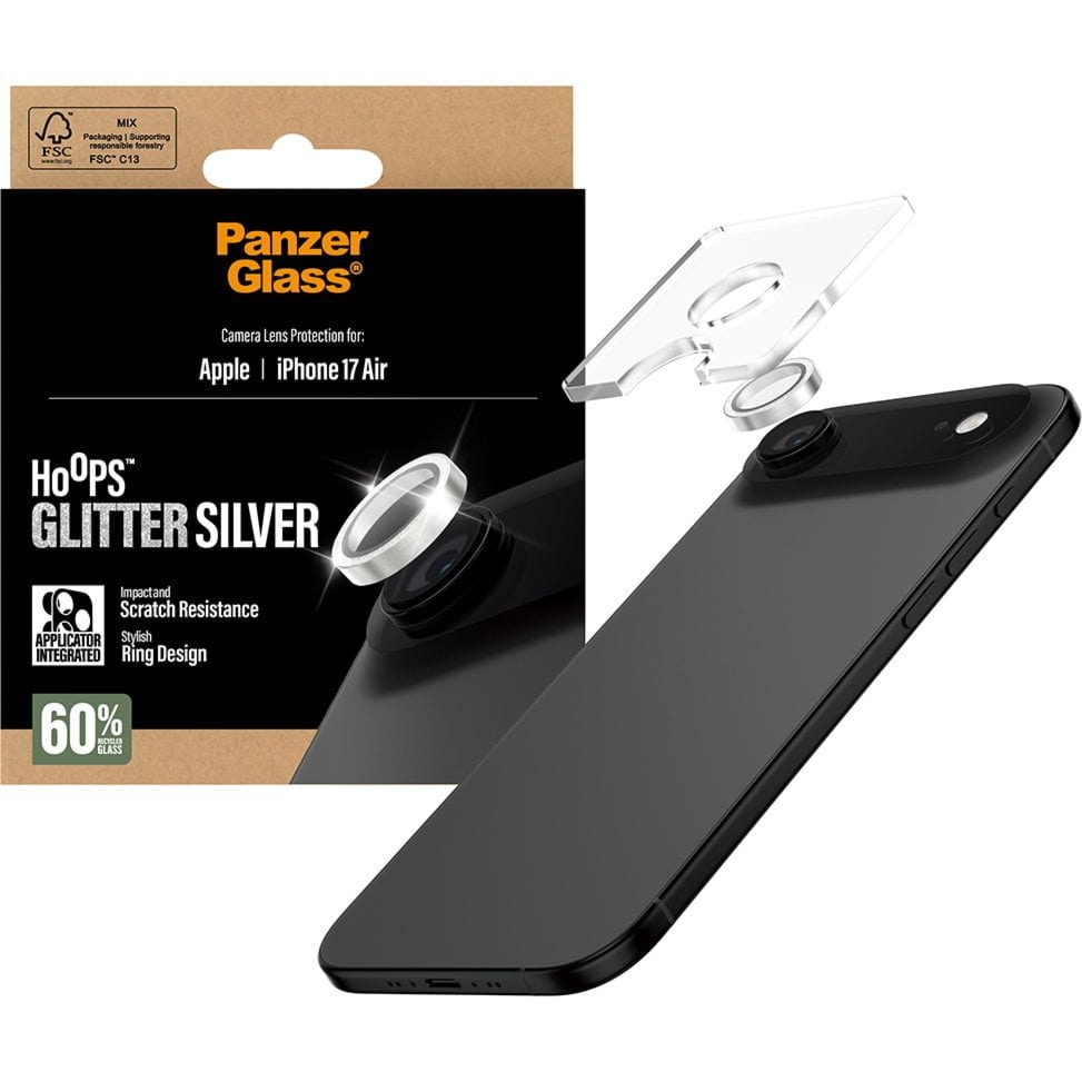 Szkło hartowane na aparat z aplikatorem PanzerGlass Hoops Glitter Silver Camera Lens Protector do iPhone Air, przezroczysto-srebrne