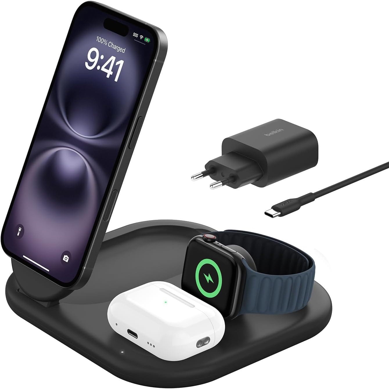 Image of Ładowarka indukcyjna Belkin Boost Foldable 3w1 Qi2 15W WIZ029 dla iPhone z MagSafe / Apple Watch / AirPods, czarna